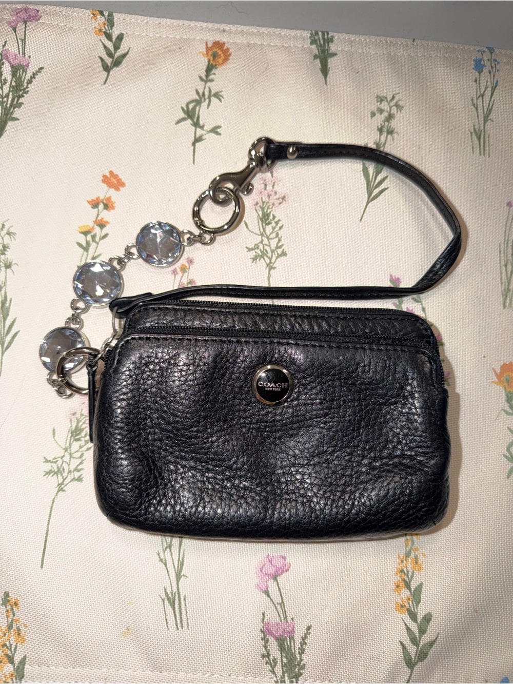 Coach Black Pebbled Leather Wristlet with Crystal-Link Strap